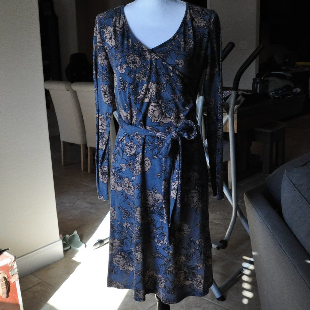 Blue & Blush Midi Wrap Dress with Long Sleeves